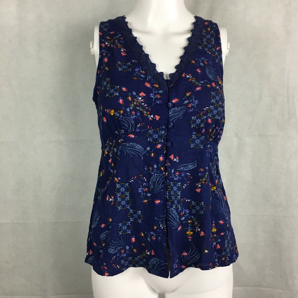 NWT Wonderly Shirt Womens Sz S Blue Pink Floral Button Up V-Neck Tank Sleeveless
